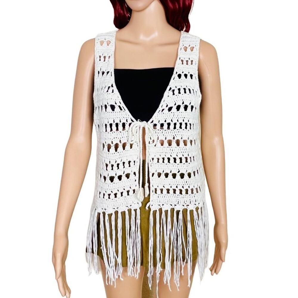 Boho Cottage Crochet Vest with Fringe Medium/Large White